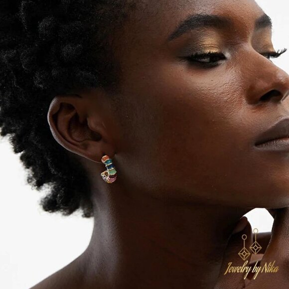 NEW 14K Yellow Gold Multicolor Enameluxe Boho Unique Hoop Luxury Stud Earrings - Picture 6 of 15